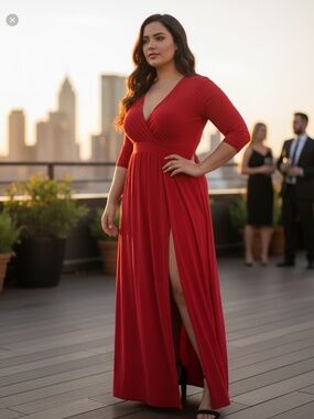 Nwt Women's Plus Size Wrap Top Double Slit Jersey Maxi Dress